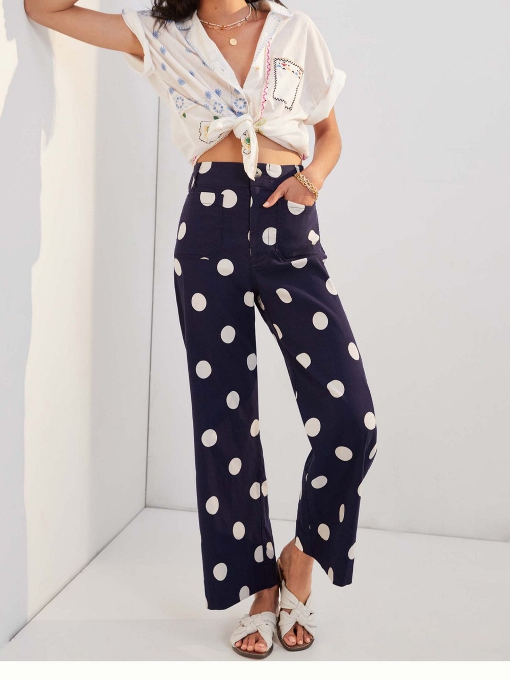 Maeve the Colette Navy and White Polka Dot Wide-Leg Pants - Picture 2 of 5
